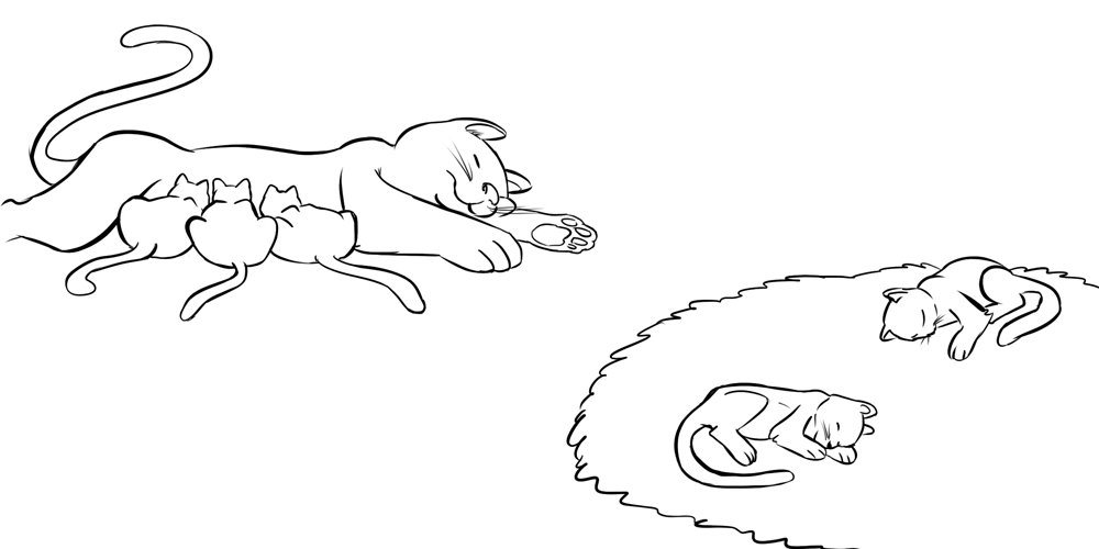 Gatitos durmiendo con su mamá. Dibujo infantil para niños Gatitos durmiendo con su mamá. Dibujo infantil para niños
