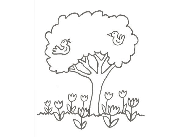 Dibujo de árboles y pájaros para pintar con niños