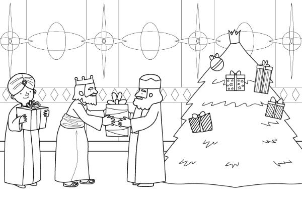 írbol de Navidad y Reyes Magos: dibujo para colorear e imprimir
