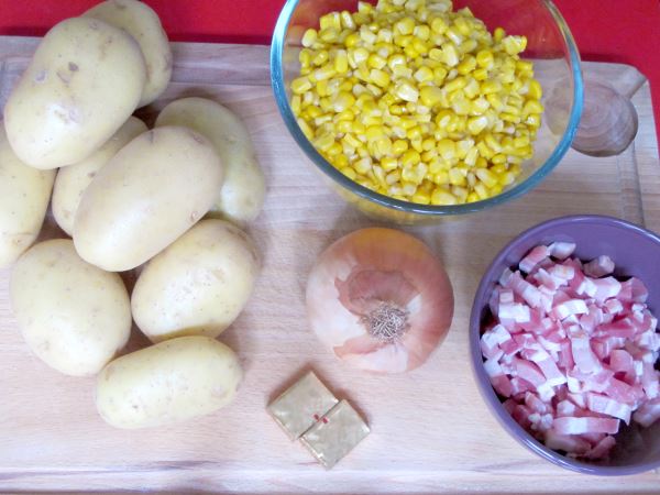 Receta sopa de panceta, patatas y maiz. Ingredientes