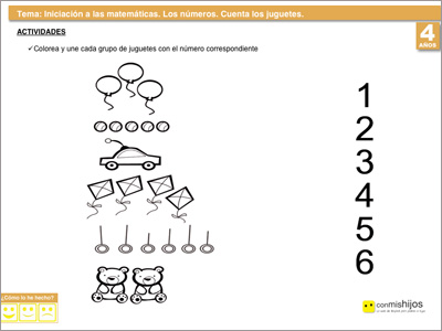 Contar los juguetes. Ficha de matemáticas para niños