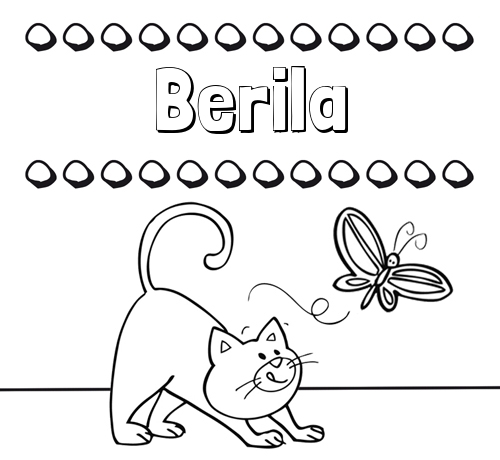 Colorear un dibujo con nombre, gato y mariposa