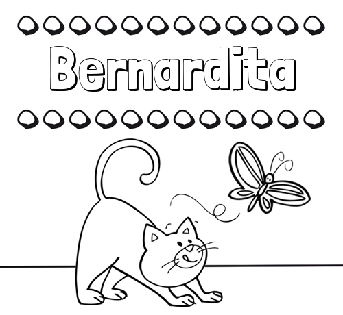 Colorear un dibujo con nombre, gato y mariposa