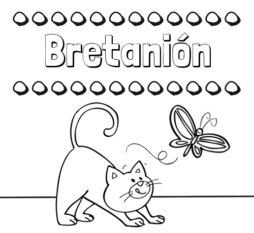 Colorear un dibujo con nombre, gato y mariposa