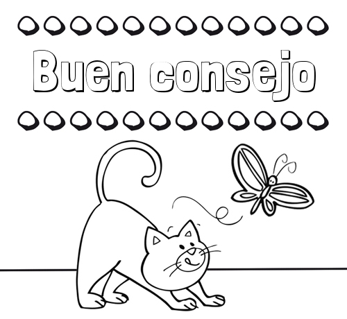 Colorear un dibujo con nombre, gato y mariposa