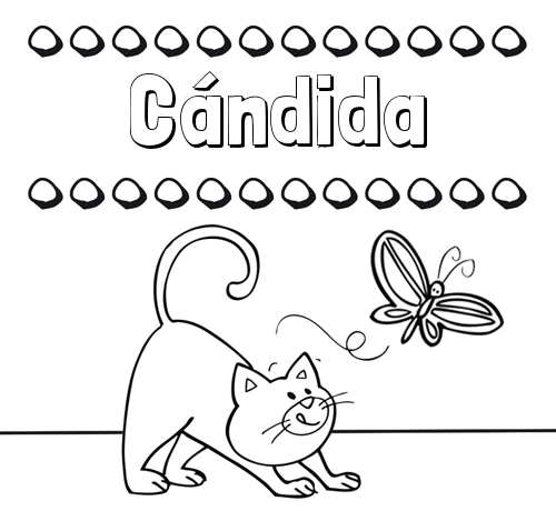 Colorear un dibujo con nombre, gato y mariposa