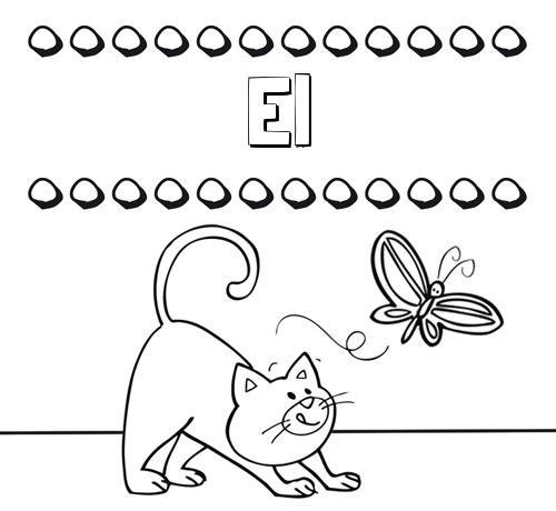 Colorear un dibujo con nombre, gato y mariposa
