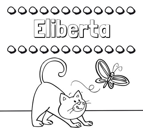 Colorear un dibujo con nombre, gato y mariposa