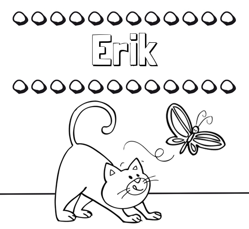 Colorear un dibujo con nombre, gato y mariposa