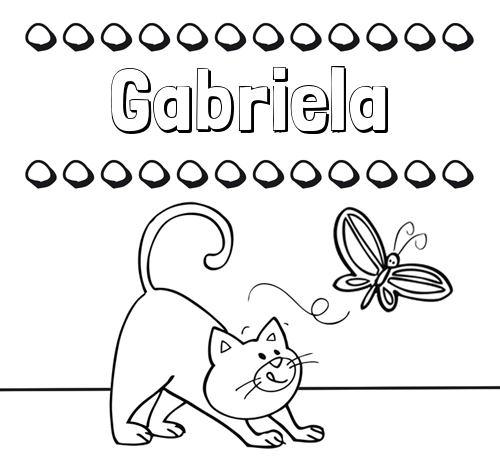 Colorear un dibujo con nombre, gato y mariposa