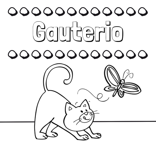 Colorear un dibujo con nombre, gato y mariposa