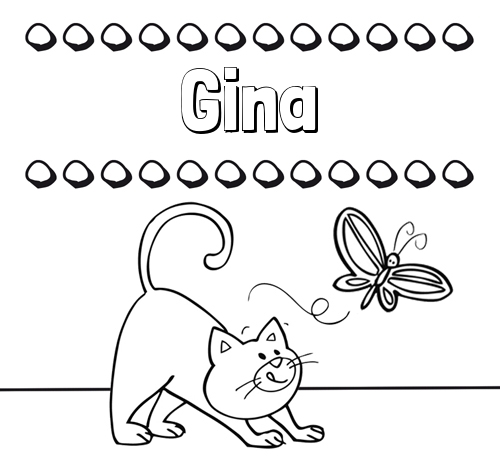 Colorear un dibujo con nombre, gato y mariposa