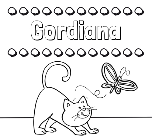 Colorear un dibujo con nombre, gato y mariposa