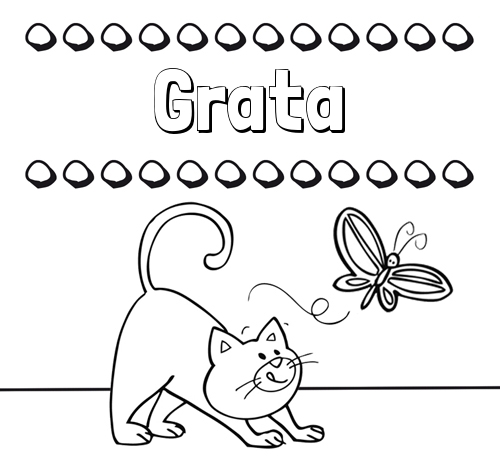 Colorear un dibujo con nombre, gato y mariposa