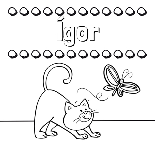 Colorear un dibujo con nombre, gato y mariposa