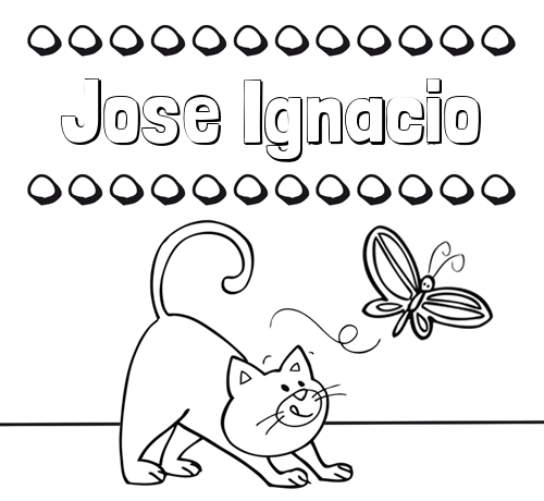 Colorear un dibujo con nombre, gato y mariposa