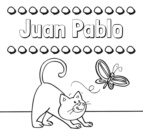 Colorear un dibujo con nombre, gato y mariposa