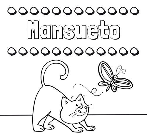 Colorear un dibujo con nombre, gato y mariposa