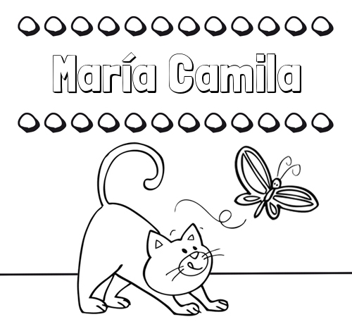 Colorear un dibujo con nombre, gato y mariposa