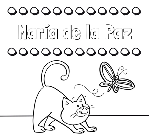 Colorear un dibujo con nombre, gato y mariposa