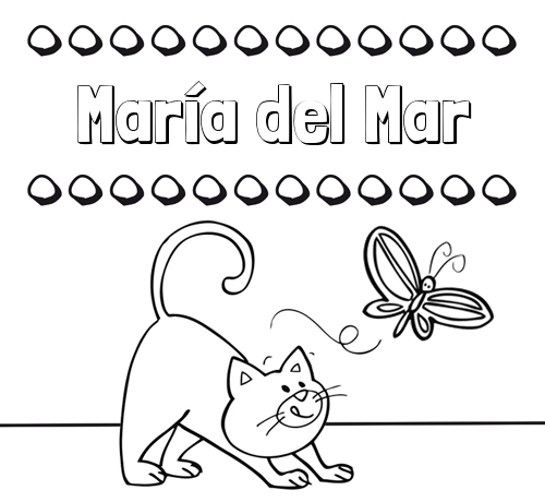 Colorear un dibujo con nombre, gato y mariposa