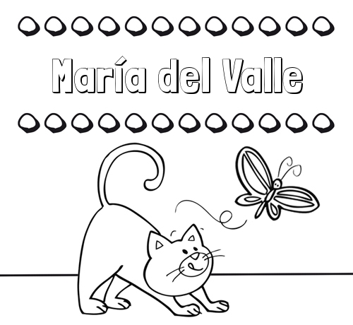 Colorear un dibujo con nombre, gato y mariposa