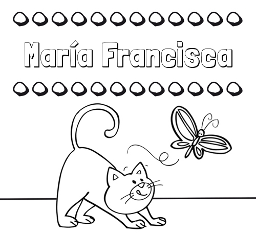 Colorear un dibujo con nombre, gato y mariposa