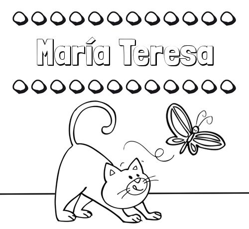 Colorear un dibujo con nombre, gato y mariposa