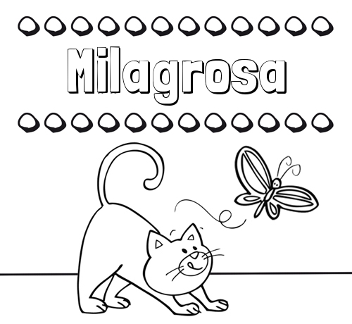 Colorear un dibujo con nombre, gato y mariposa