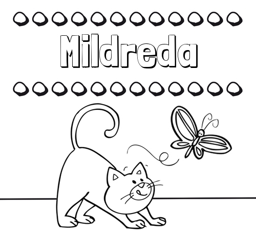 Colorear un dibujo con nombre, gato y mariposa