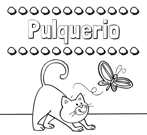 Colorear un dibujo con nombre, gato y mariposa