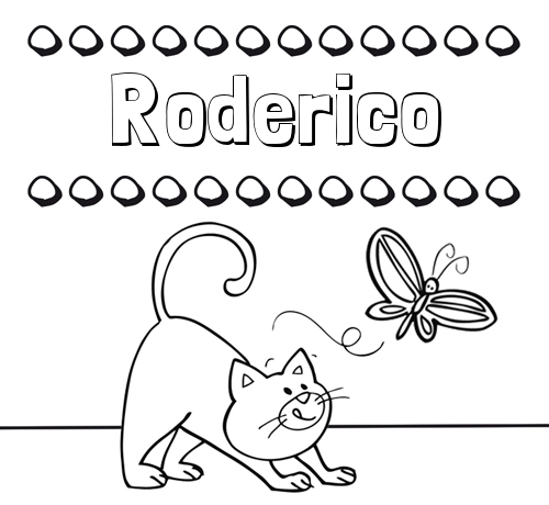 Colorear un dibujo con nombre, gato y mariposa