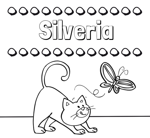 Colorear un dibujo con nombre, gato y mariposa