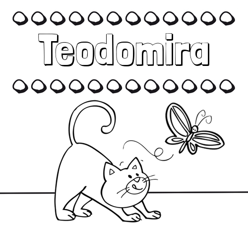 Colorear un dibujo con nombre, gato y mariposa