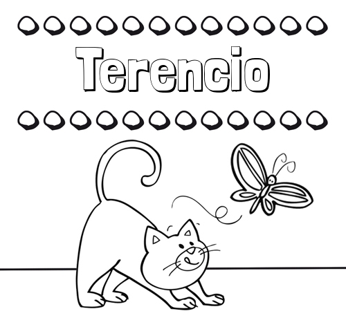 Colorear un dibujo con nombre, gato y mariposa