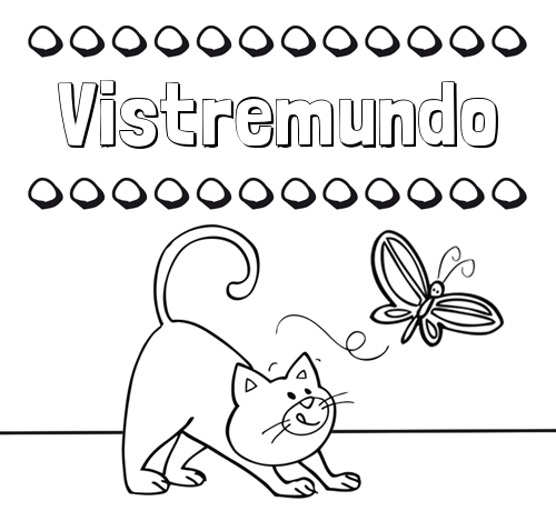 Colorear un dibujo con nombre, gato y mariposa