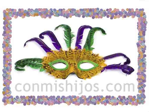 Antifaz de plumas doradas. Máscaras de fantasía para Carnaval
