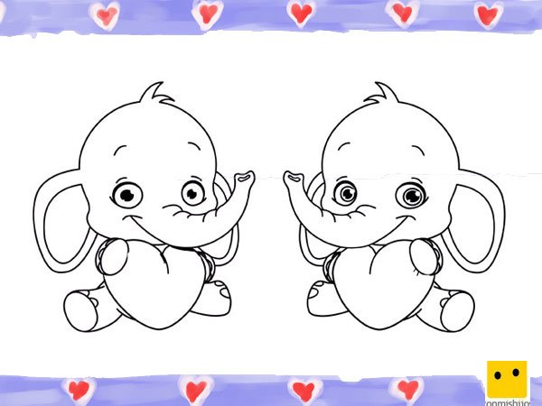 Dibujo de elefantes con corazones para niños