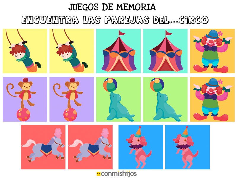 Juegos de memoria. Encuentra las parejas del circo