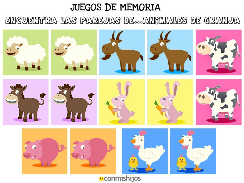 Juegos de memoria. Encuentra las parejas de animales de granja