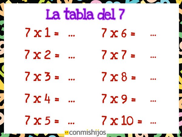 Tabla de multiplicar del 7. Ejercicios para niños