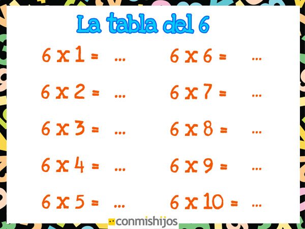 Tabla de multiplicar del 6. Ejercicios para niños