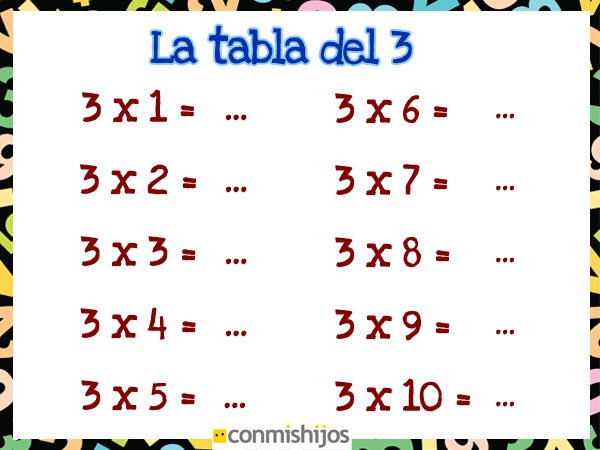 Tabla de multiplicar del 3. Ejercicios para niños