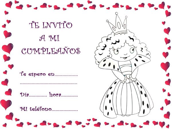 Invitaciones para imprimir y colorear con dibujos de princesas