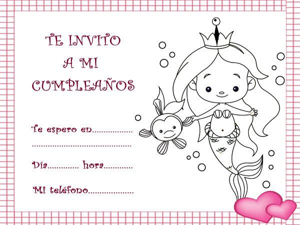 Invitaciones de cumpleaños con un dibujo de una sirena princesa