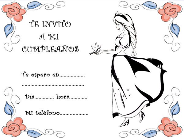 Invitaciones para colorear de princesas y flores para fiestas de cumpleaños