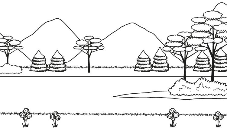 Paisaje de montaña en verano: dibujo para colorear e imprimir