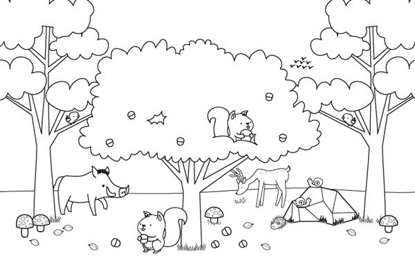 Paisaje de otoño con animalitos: dibujo para colorear e imprimir