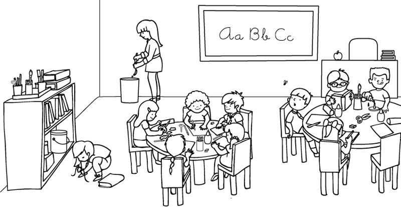 Niños en clase: dibujo para colorear e imprimir