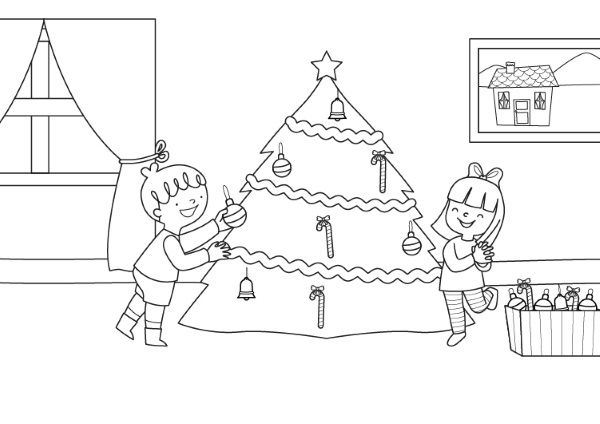 Niños y árbol de Navidad: dibujo para colorear e imprimir